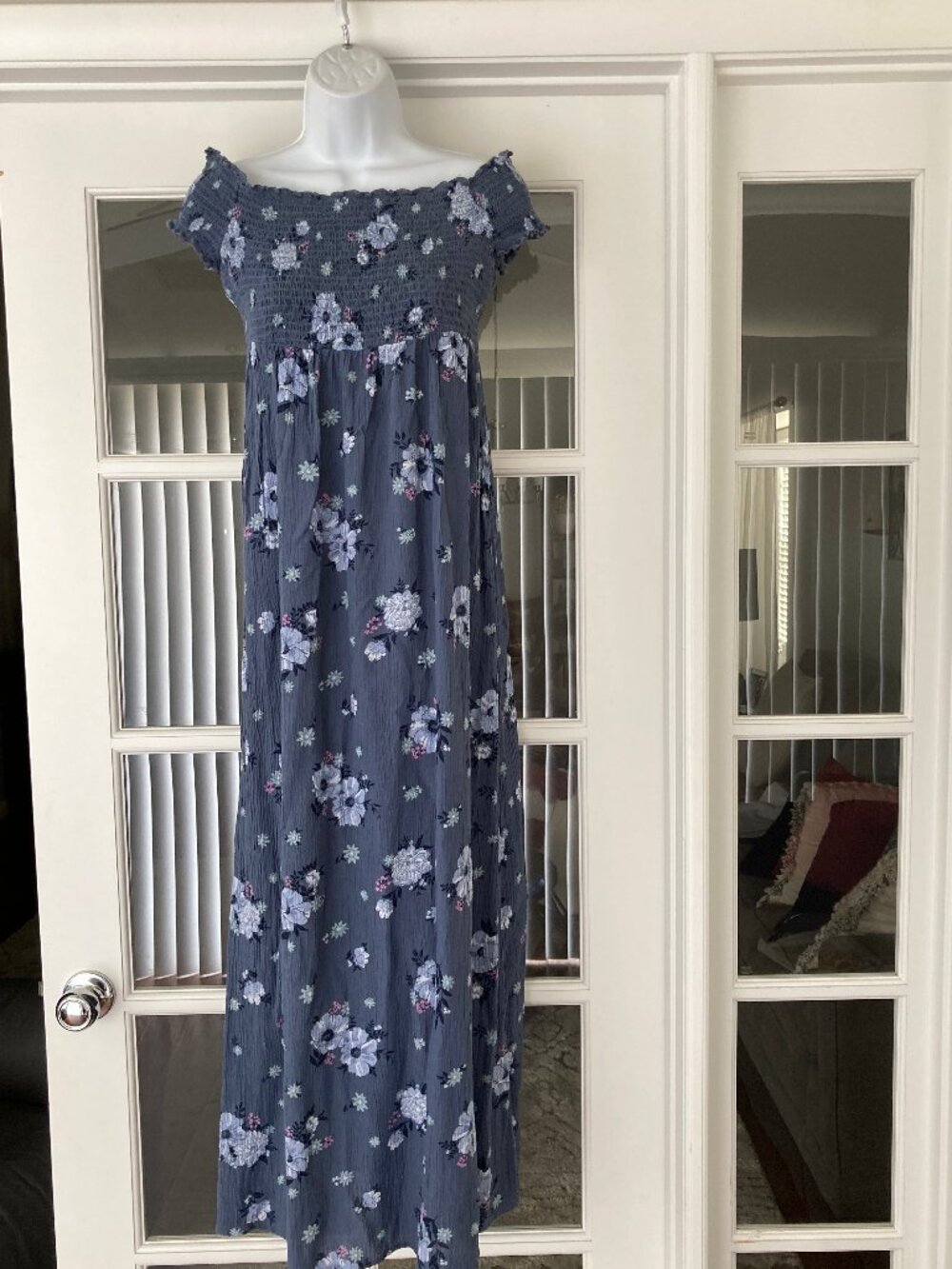 SO  Goods for Life Slate Blue Floral Smocked Maxi Dress Medium